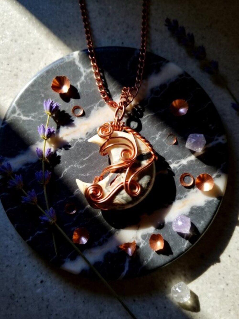 Crazy Lace Agate Crescent Moon Pendant & Chain ~ Uniquely Wire Wrapped & OOAK